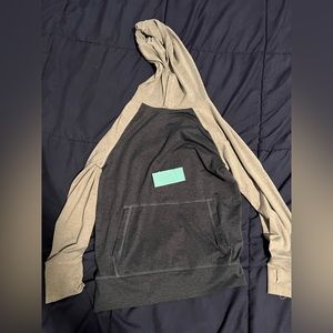 Navy blue and grey long sleeve shirt with hoodie